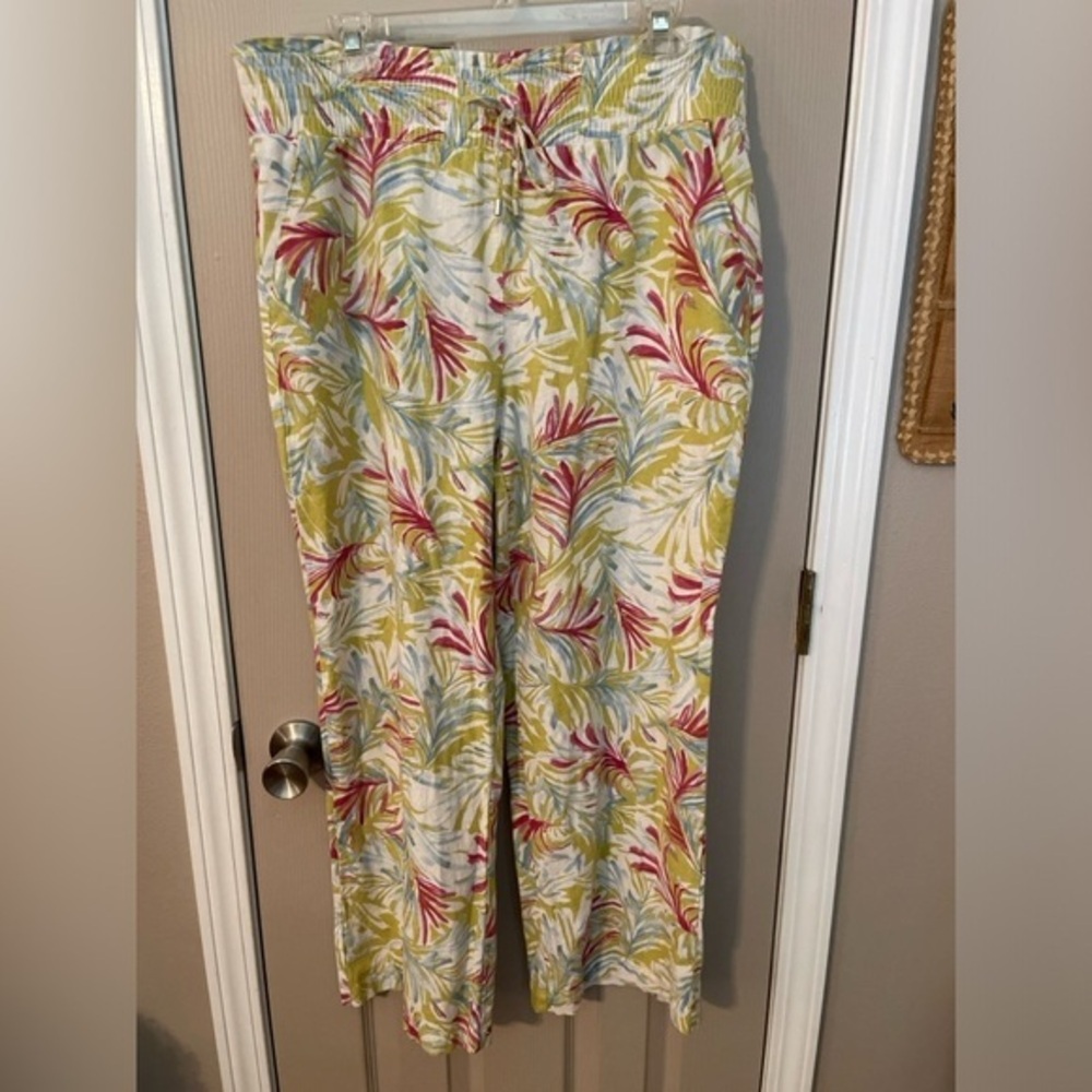 Land n Sea linen blend palm leaf print wide leg beach pants pink green blue Sz L